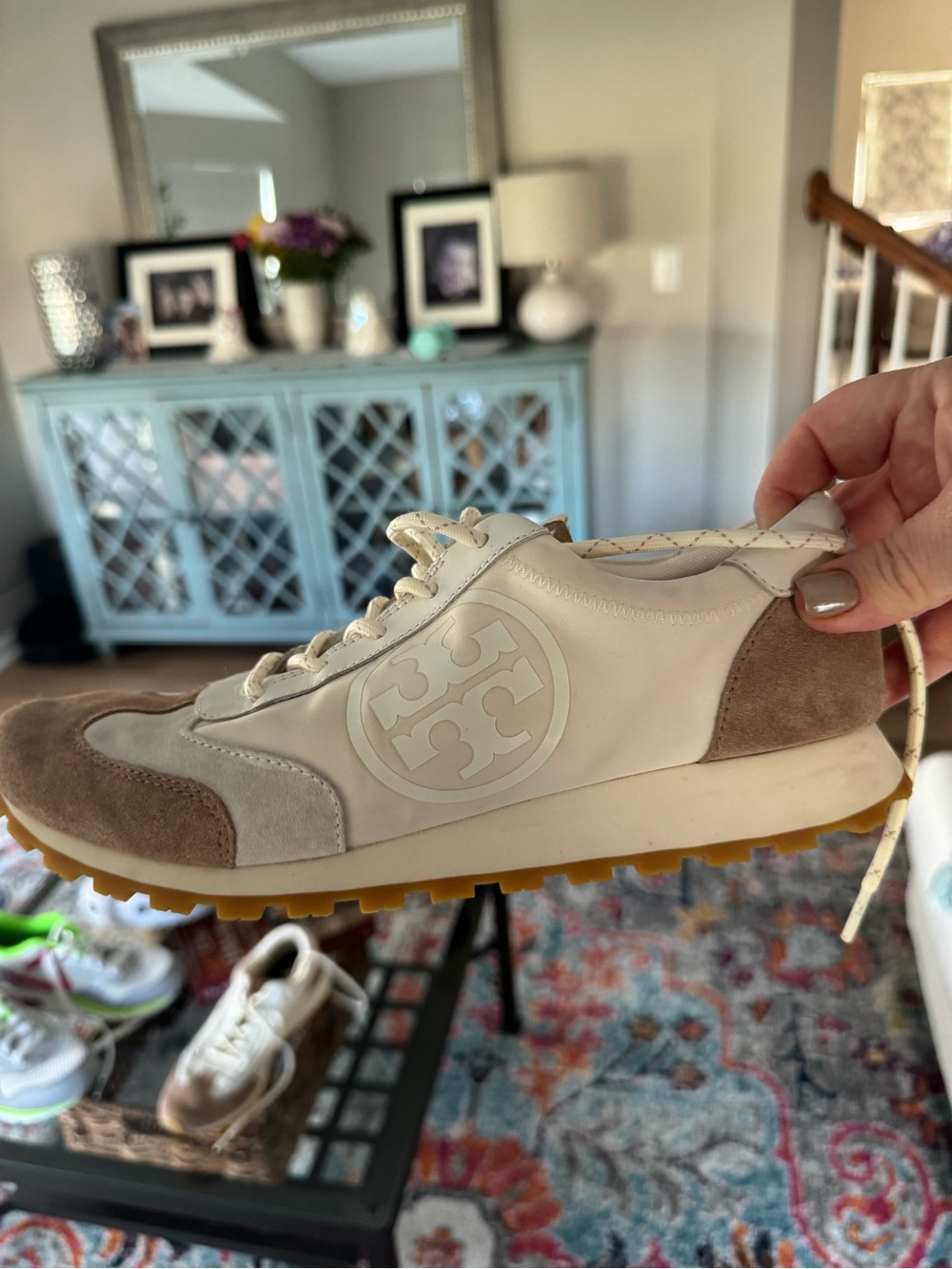 Tory Burch Cream and Tan Logo Leather Sneaker